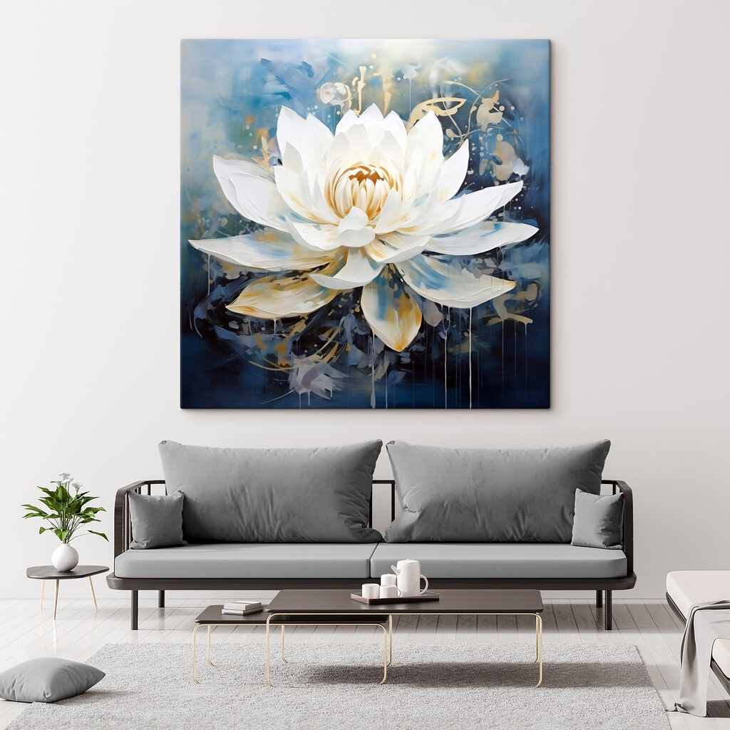 Lotus blanc, brume bleue dans un intérieur