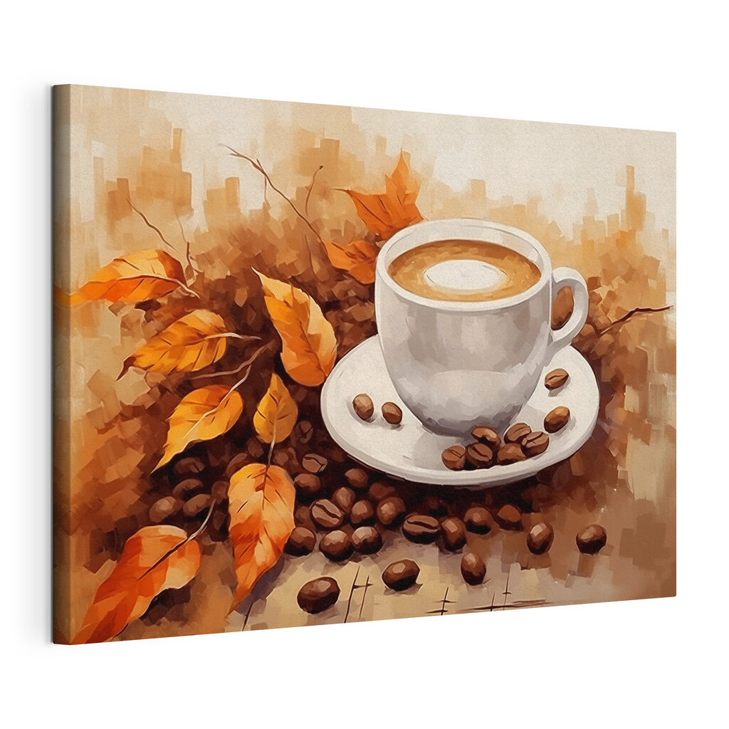 Café aux feuilles d’automne, toile tendue et bord enveloppé