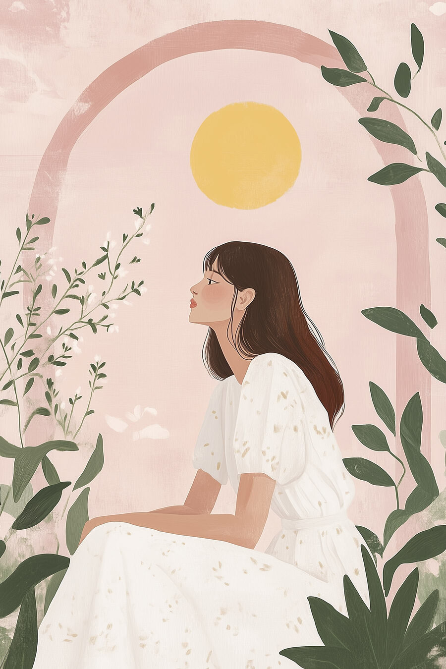 Femme sous l’arche rose — motif complet