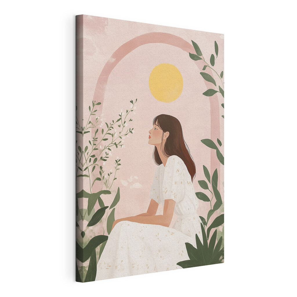 Femme sous l’arche rose, toile tendue et bord enveloppé