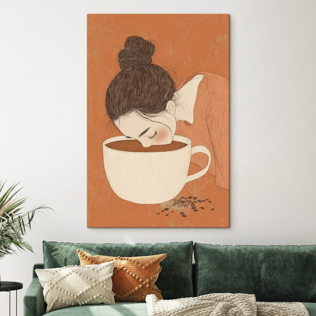 Penchée sur sa tasse dans un intérieur