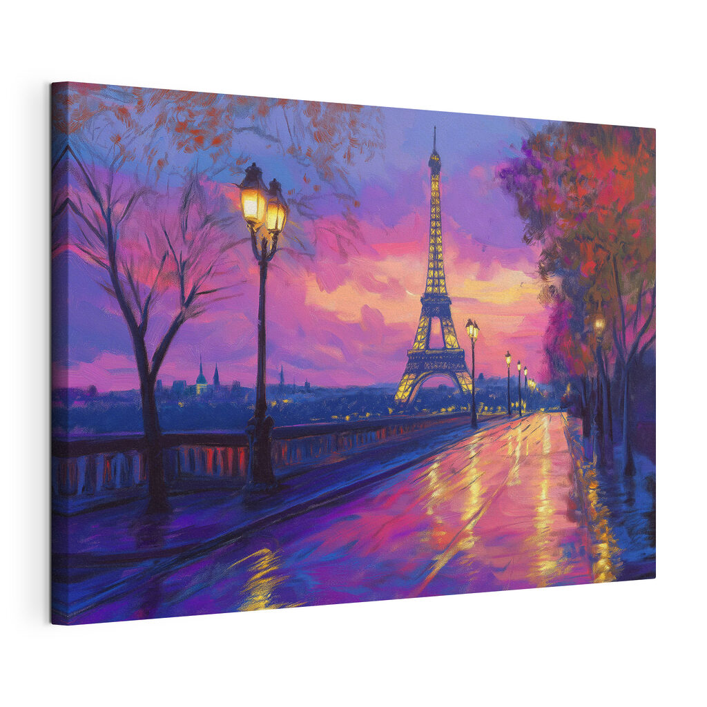 Crépuscule violet à Paris, toile tendue et bord enveloppé