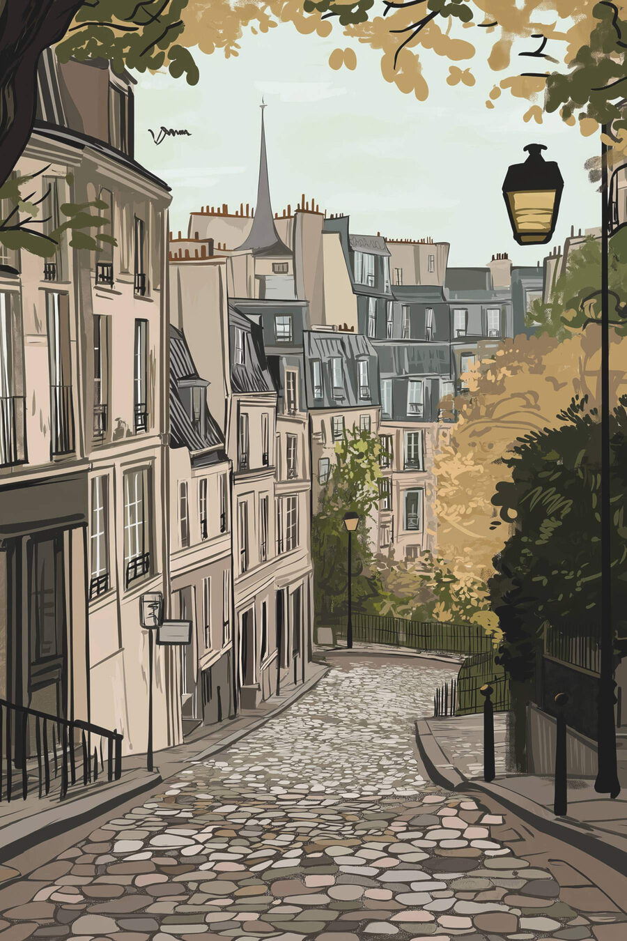 Ruelle pavée en automne — motif complet