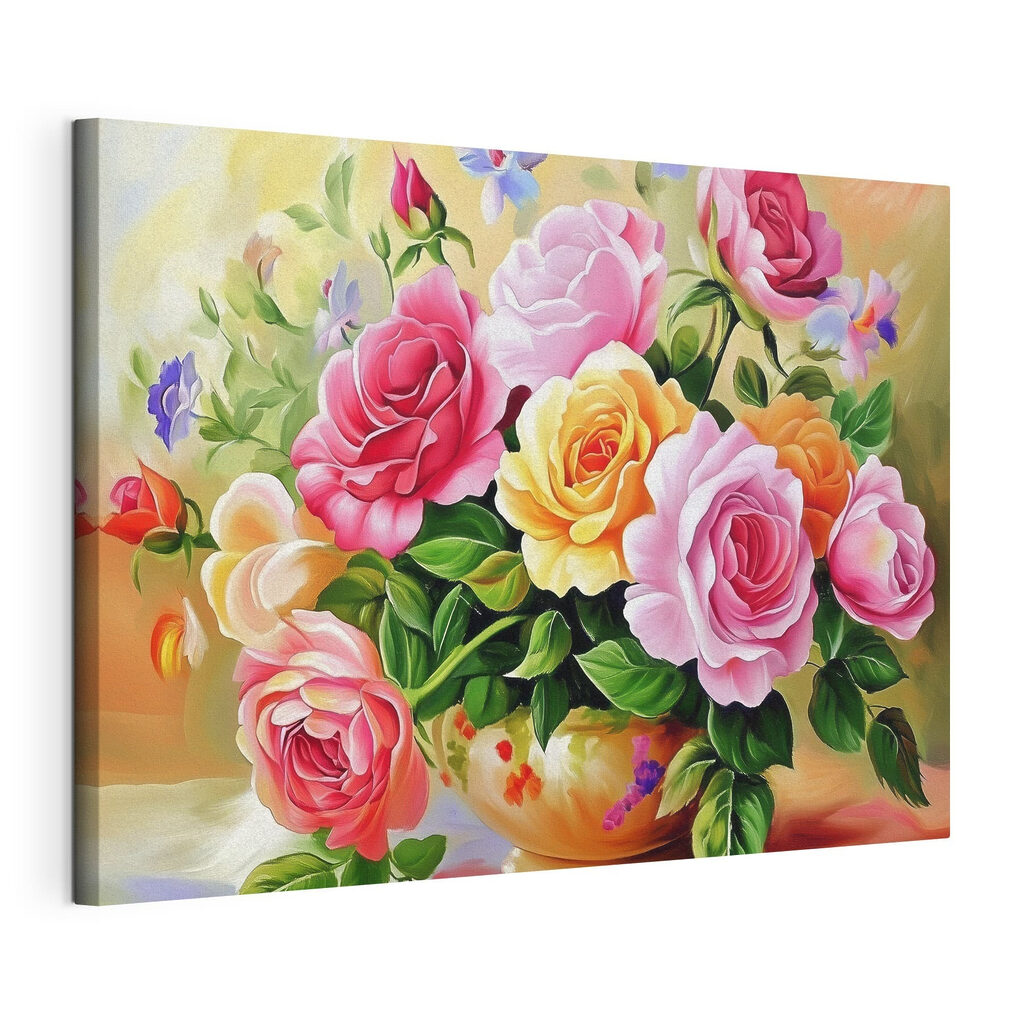 Bouquet de roses ensoleillé, toile tendue et bord enveloppé