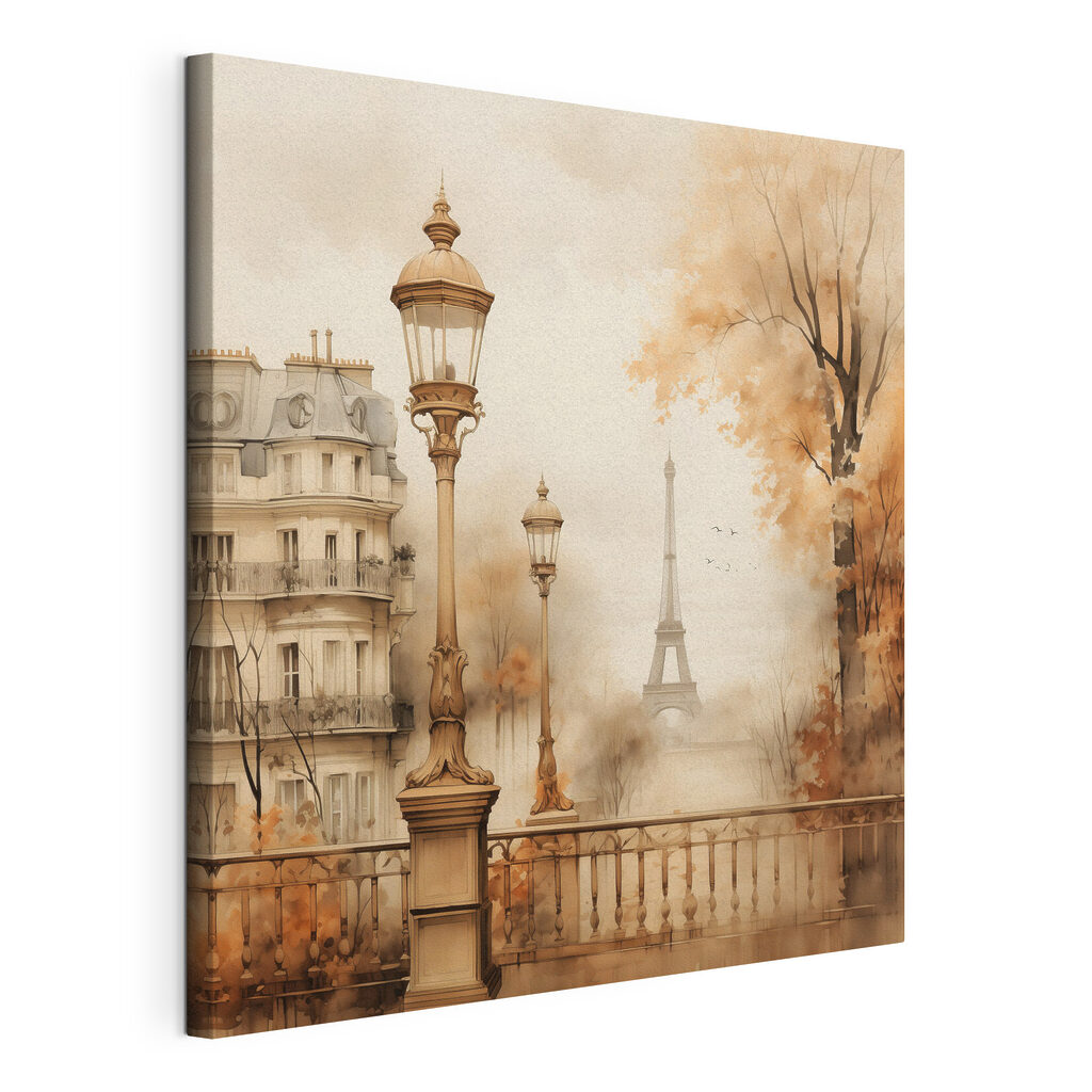 Réverbère parisien en automne, toile tendue et bord enveloppé