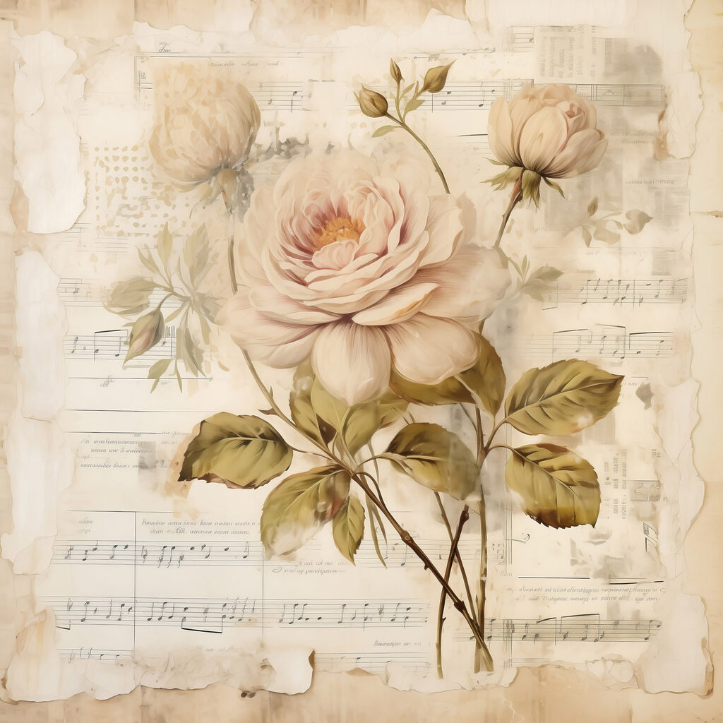 Rose pâle sur partition — motif complet