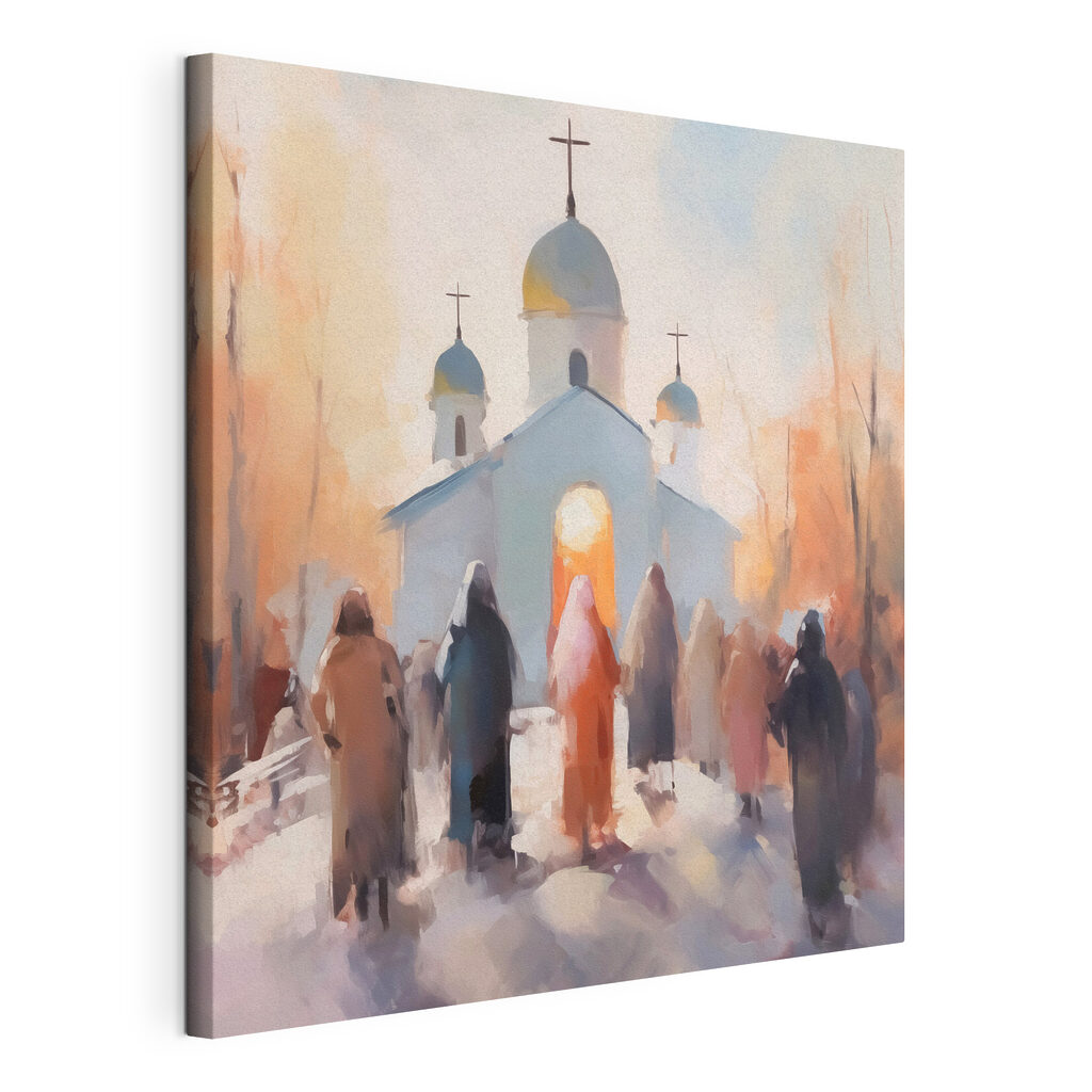Ensemble vers l’église, toile tendue et bord enveloppé