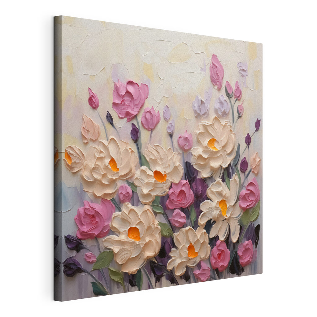Bouquet rose pastel, toile tendue et bord enveloppé