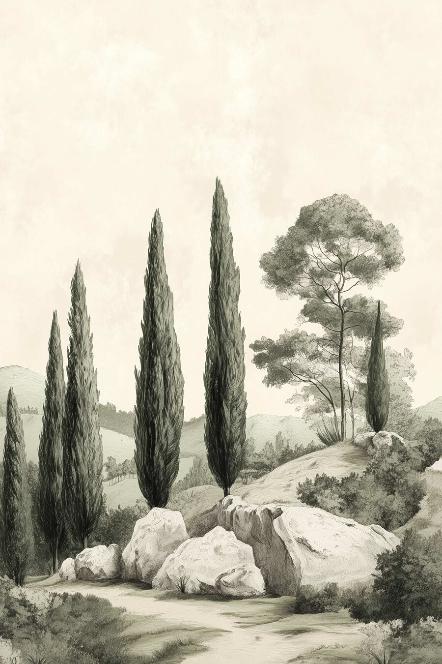 Cyprès et rocaille pâle — motif complet