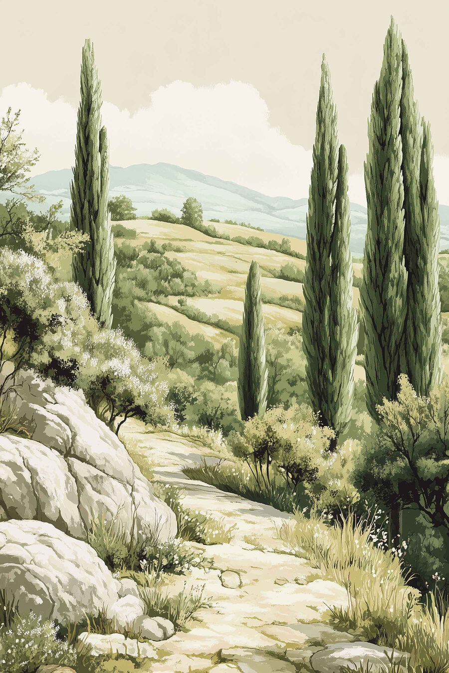 Sentier entre les cyprès — motif complet