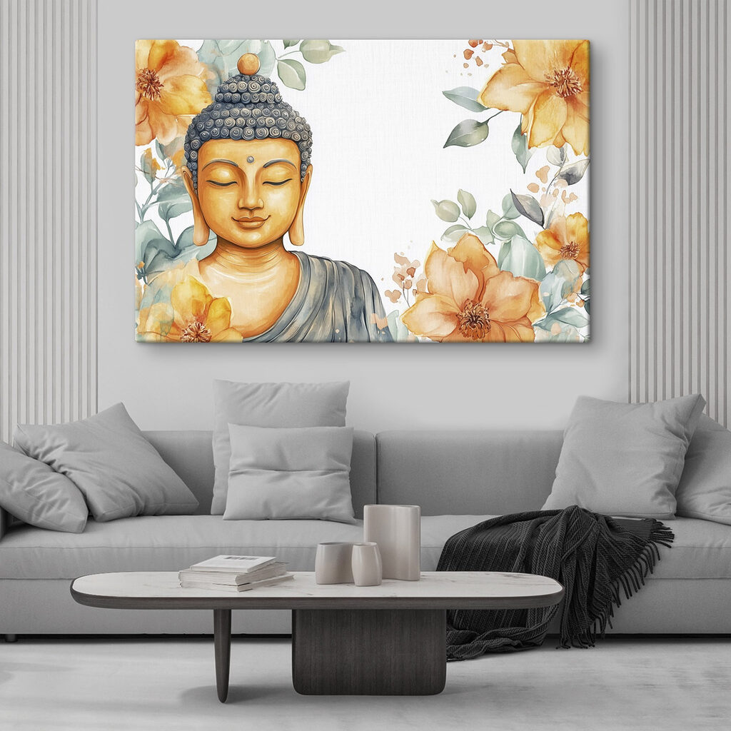 Bouddha aux fleurs orange dans un intérieur
