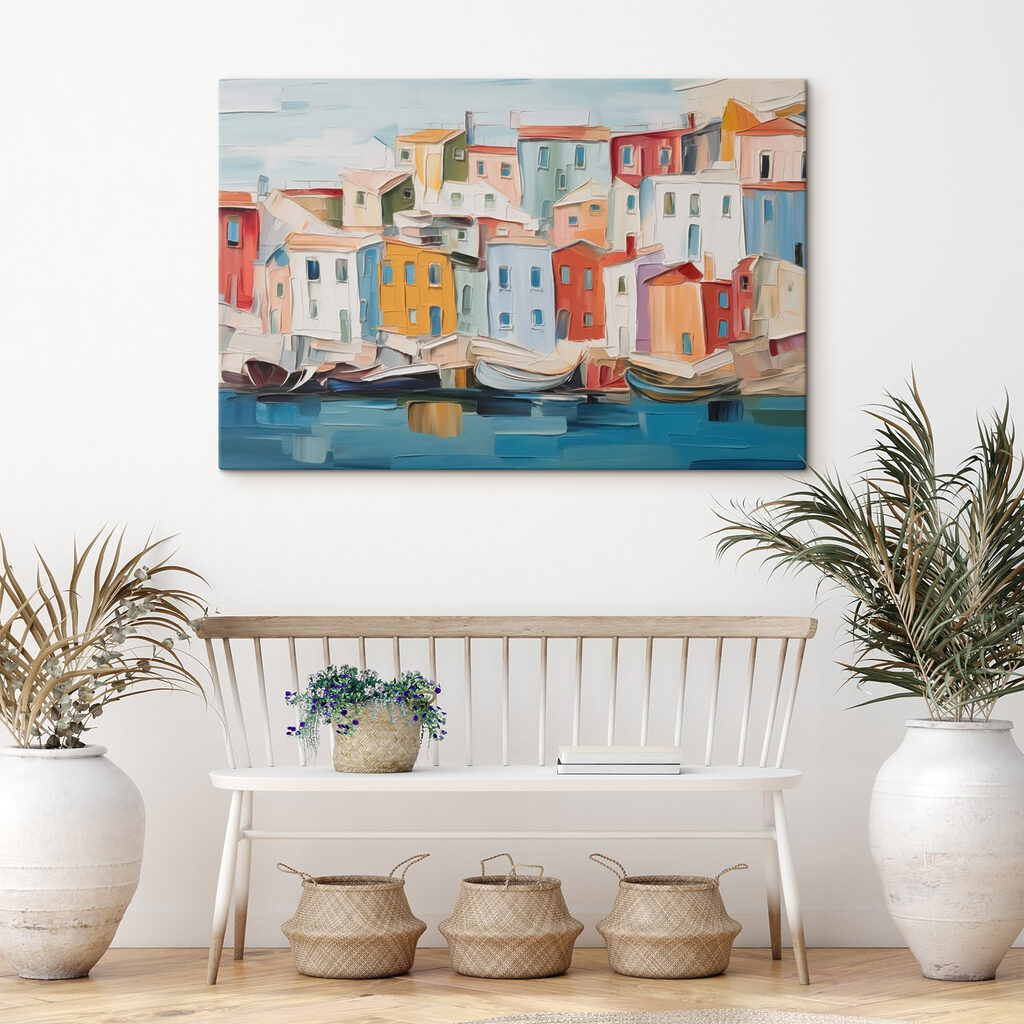 Port aux maisons pastel dans un intérieur