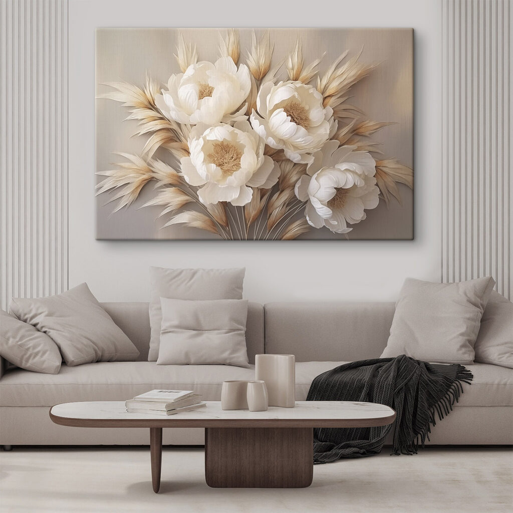 Pivoines blanches et épis dans un intérieur