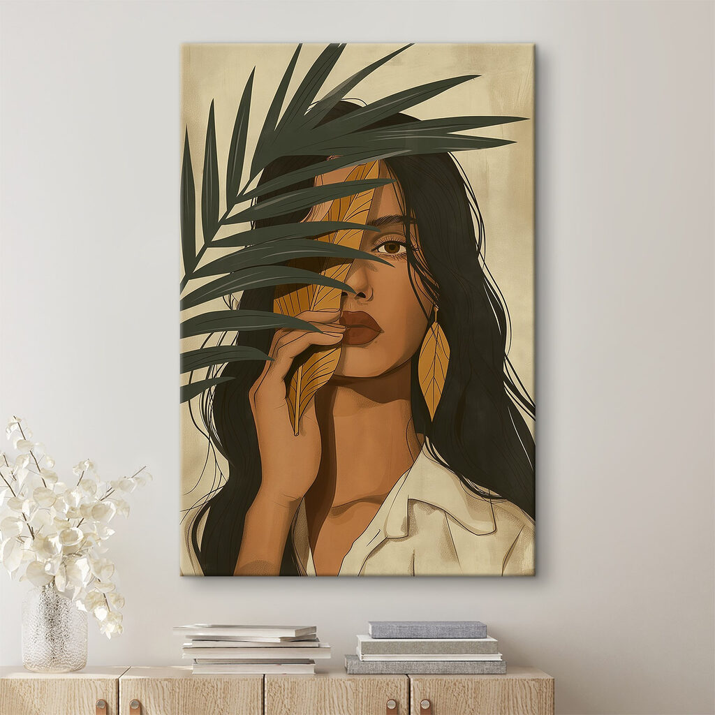 Femme derrière une palme dans un intérieur