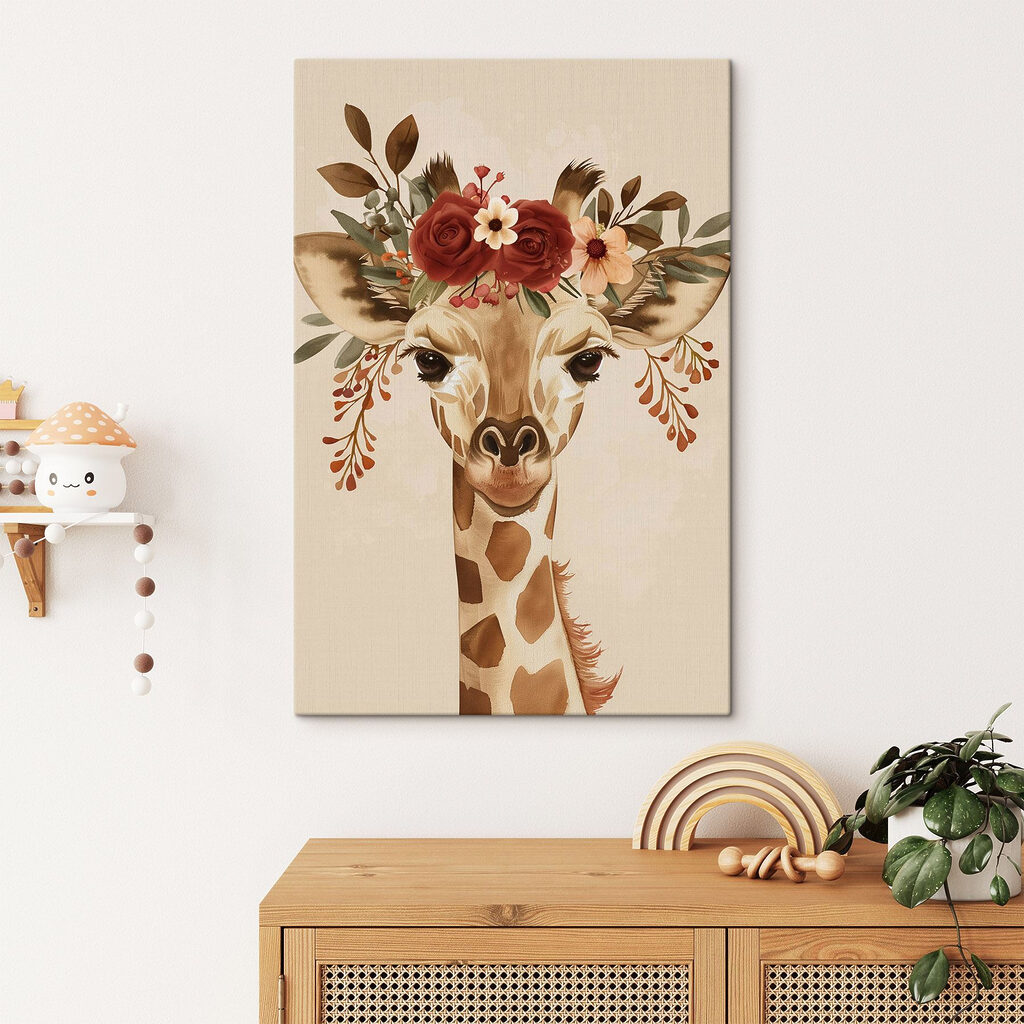 Girafe aux fleurs rouille dans un intérieur