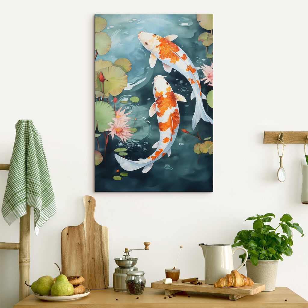 Deux koïs et nénuphars dans un intérieur