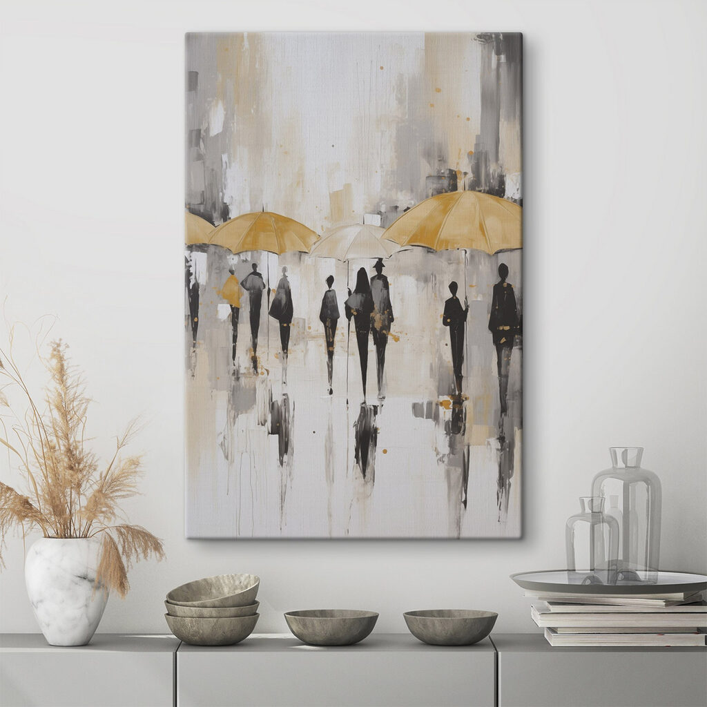 Promeneurs aux parapluies jaunes — intérieur 1