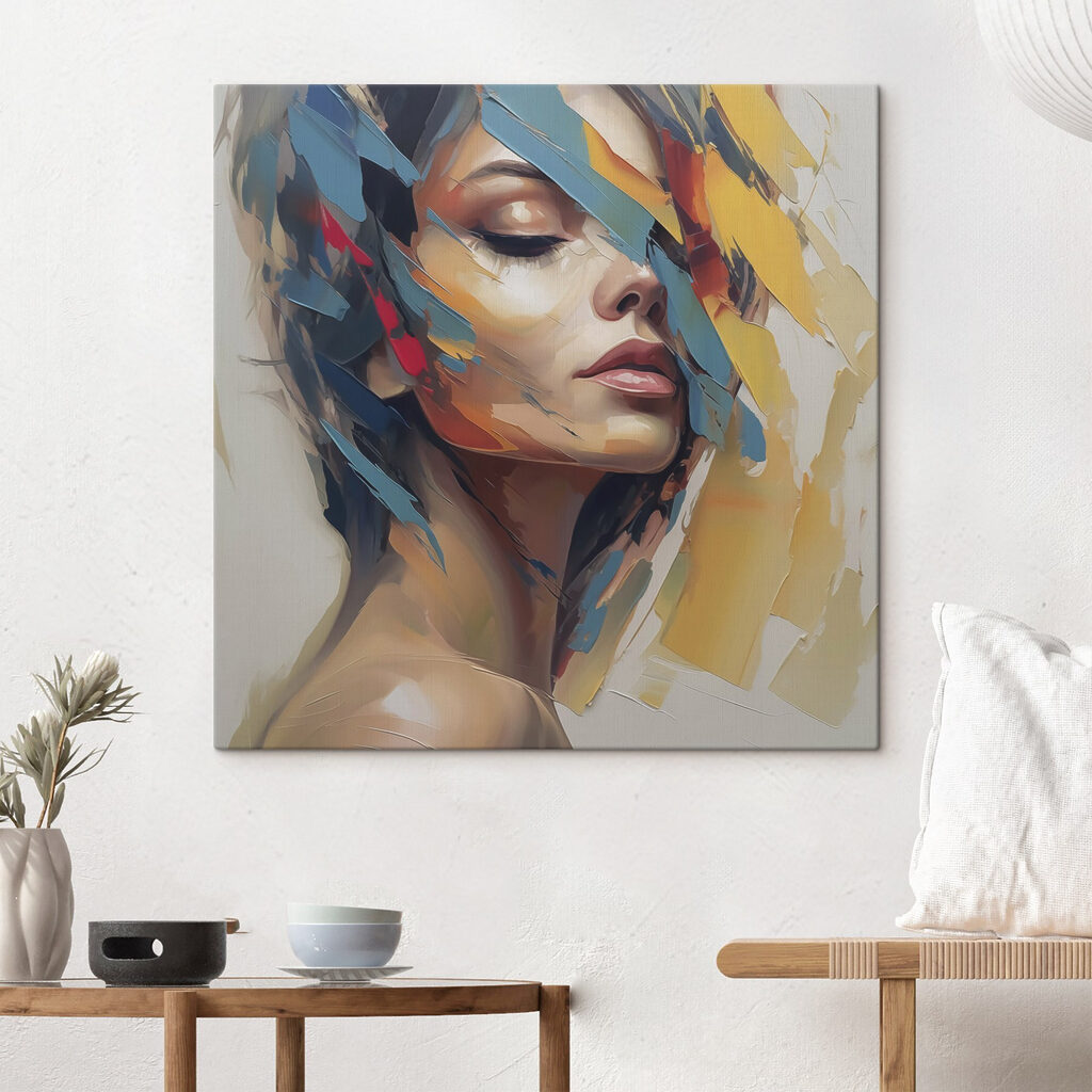 Profil féminin en bleu dans un intérieur