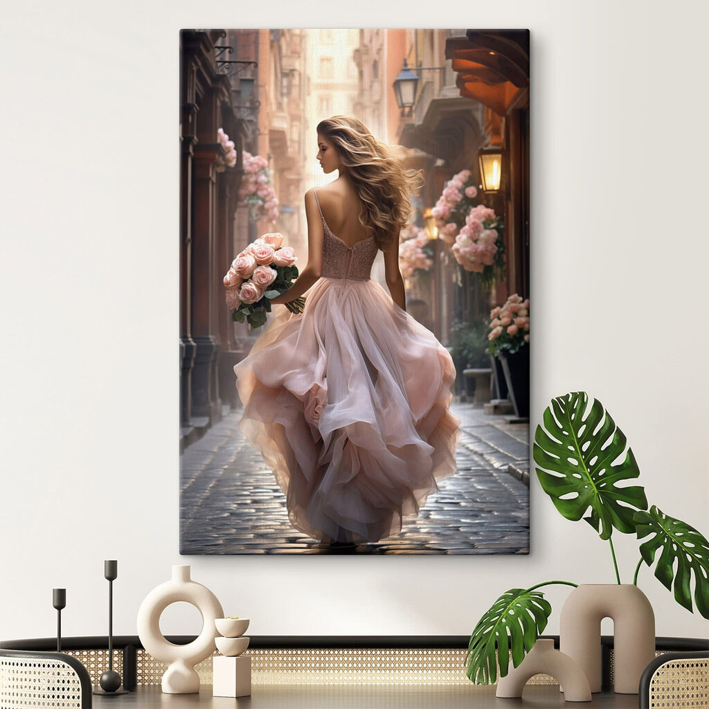 Robe rose, ruelle fleurie dans un intérieur