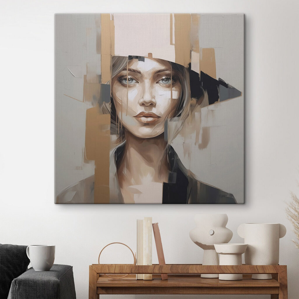 Femme au chapeau géométrique dans un intérieur