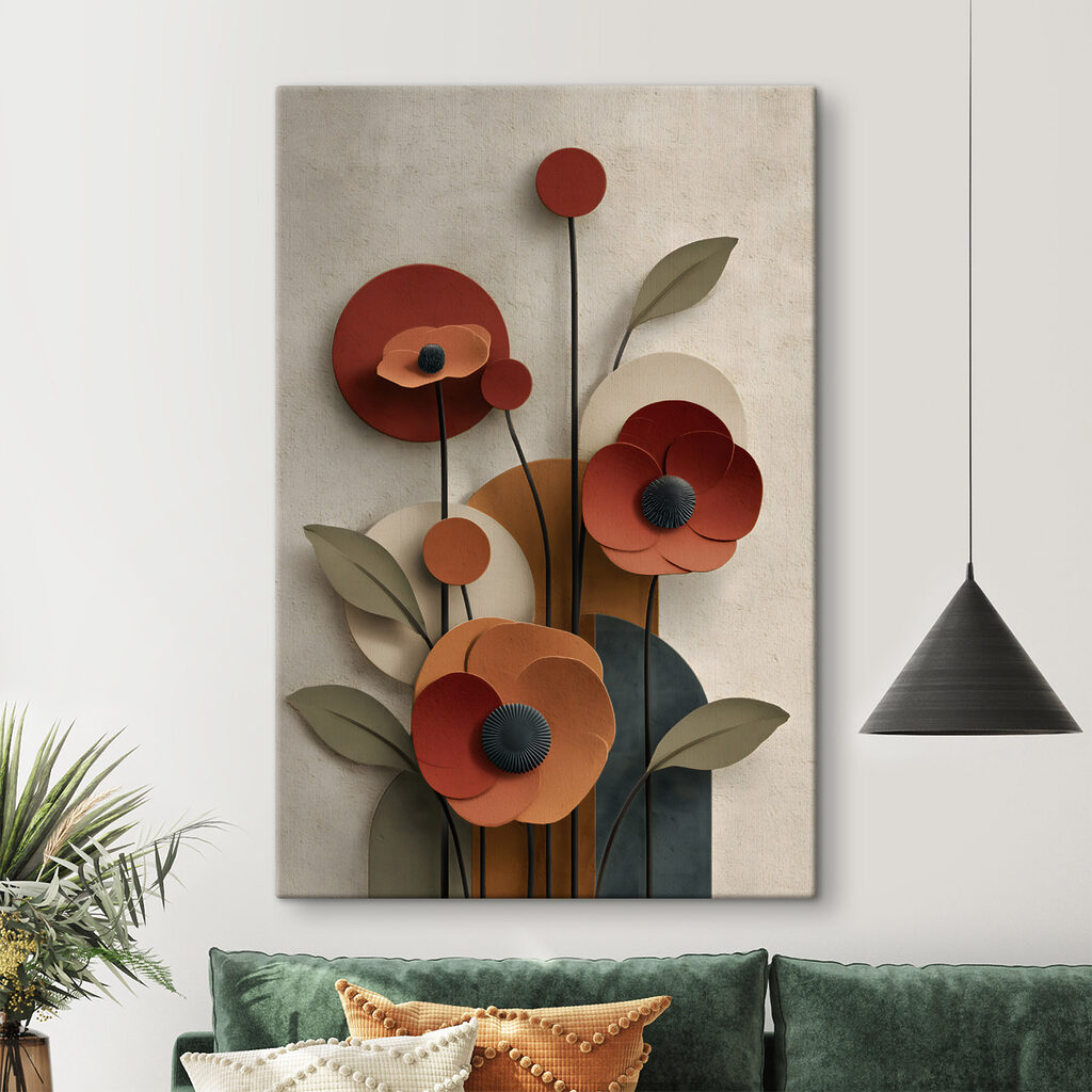 Fleurs rouges et géométrie dans un intérieur