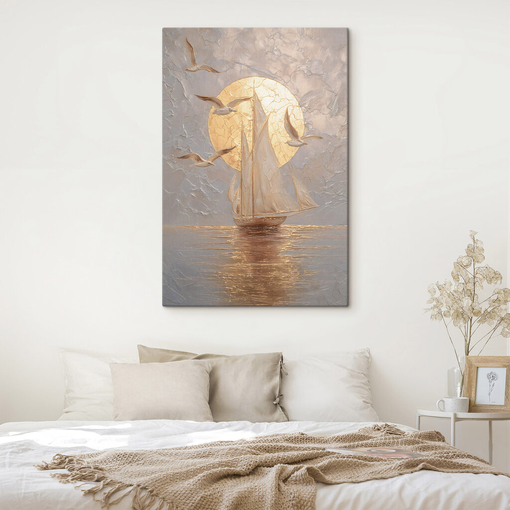 Voilier et lune dorée dans un intérieur