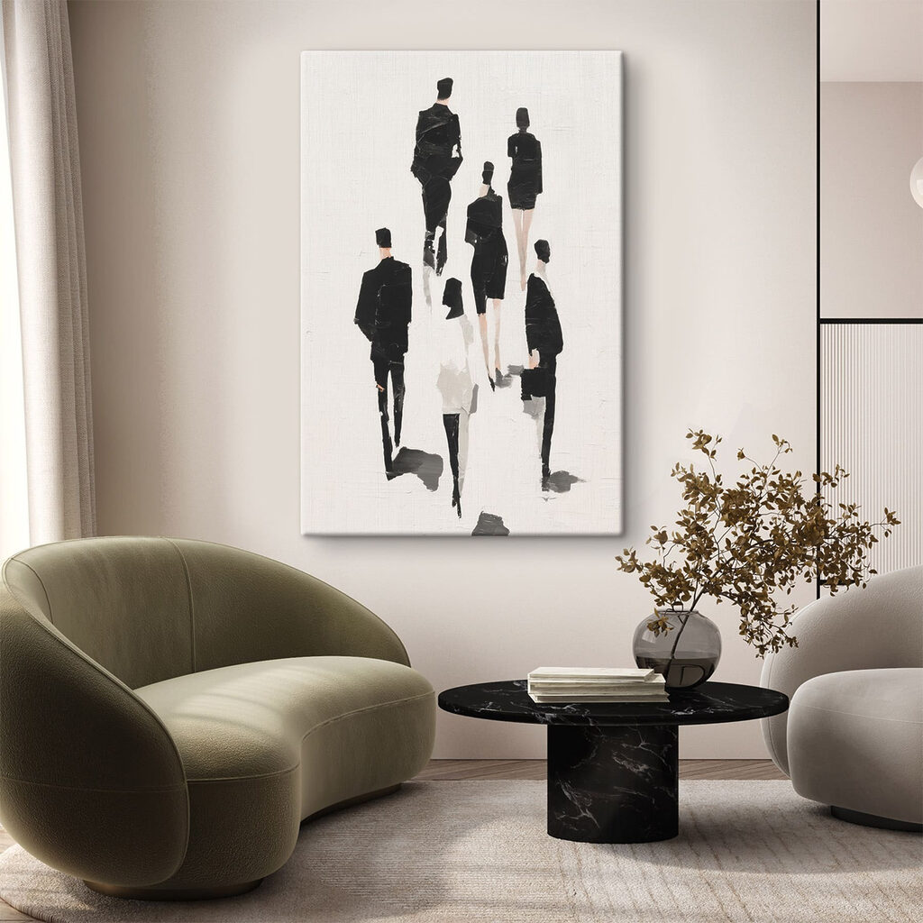 Silhouettes noires en marche dans un intérieur