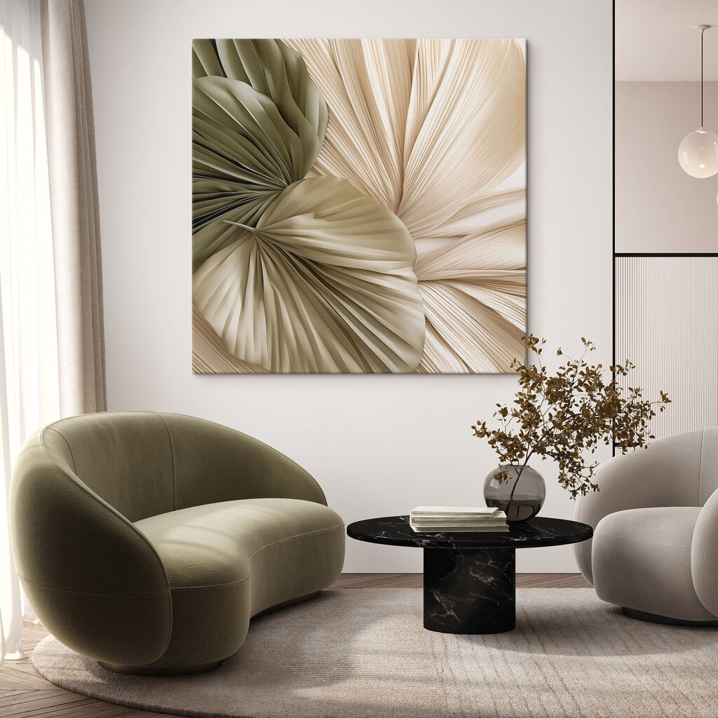 Éventails verts et crème dans un intérieur