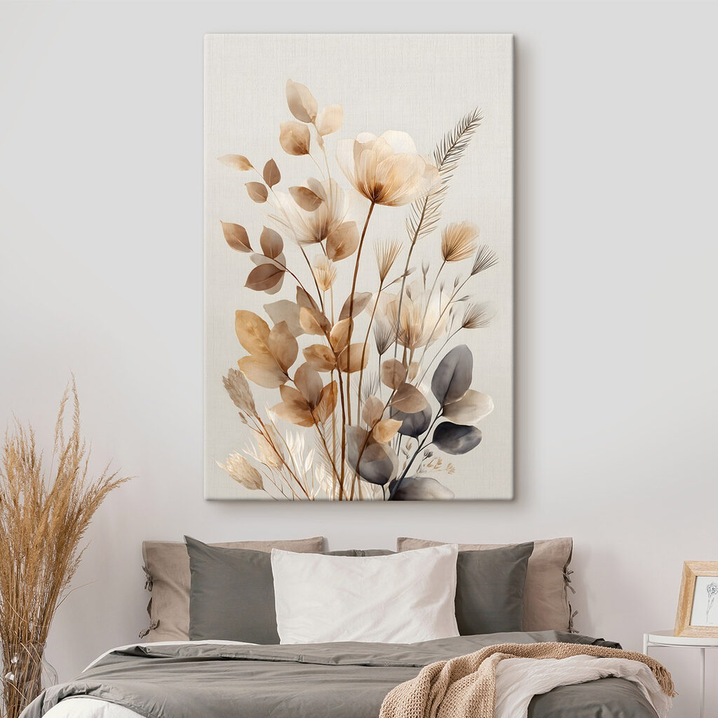 Fleurs séchées, tons gris dans un intérieur