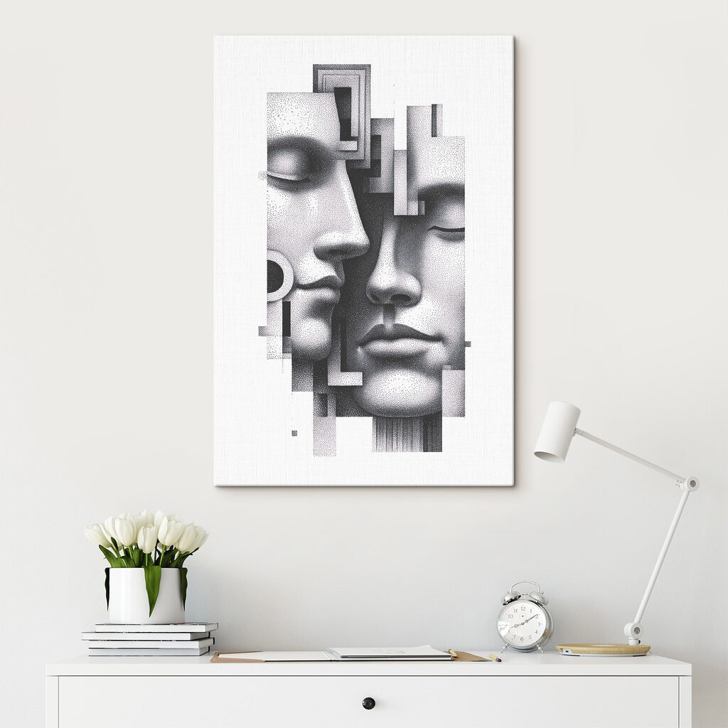 Yeux clos, formes anguleuses dans un intérieur