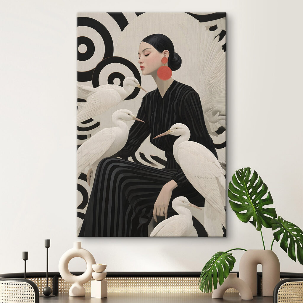 Femme aux hérons dans un intérieur