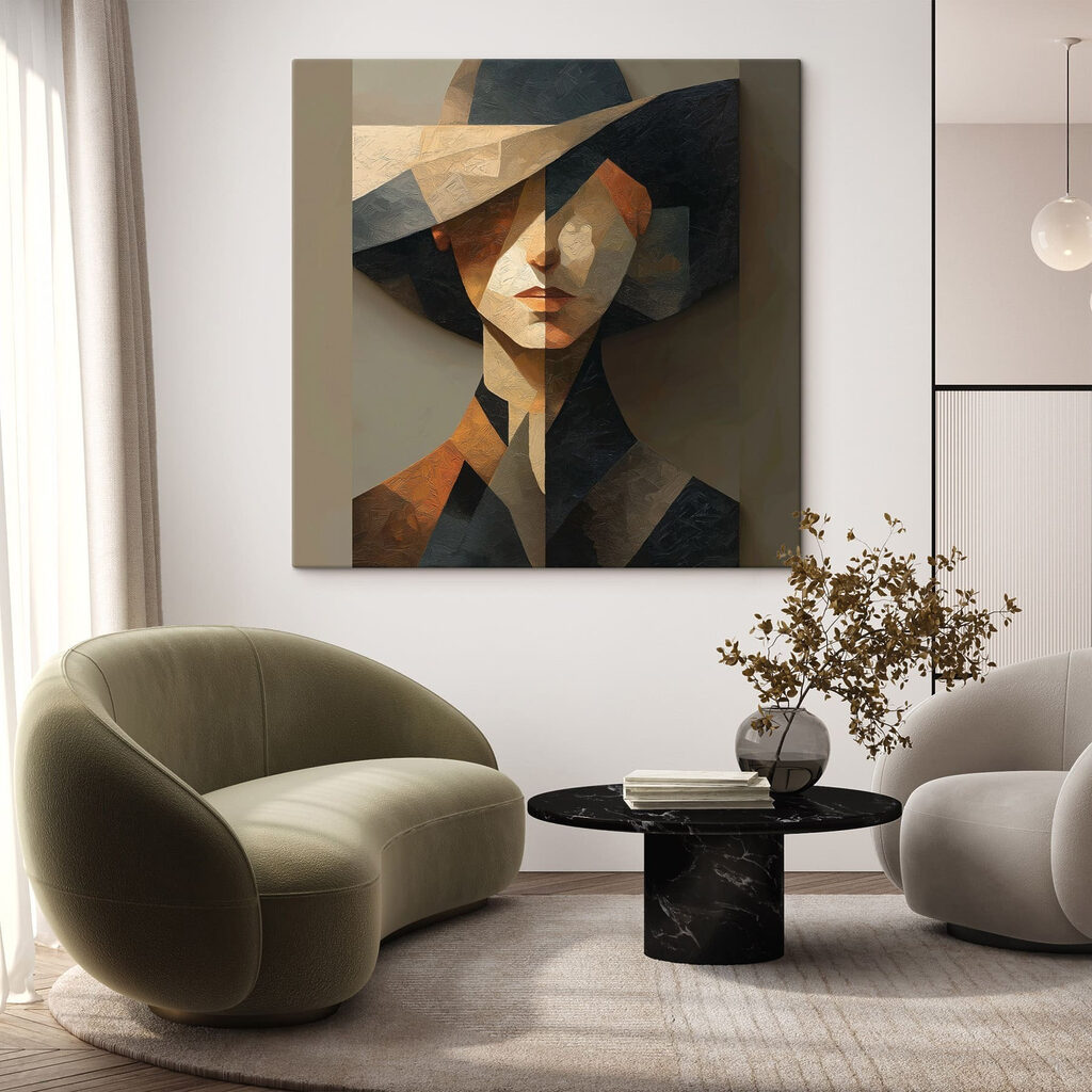 Femme au chapeau anguleux dans un intérieur