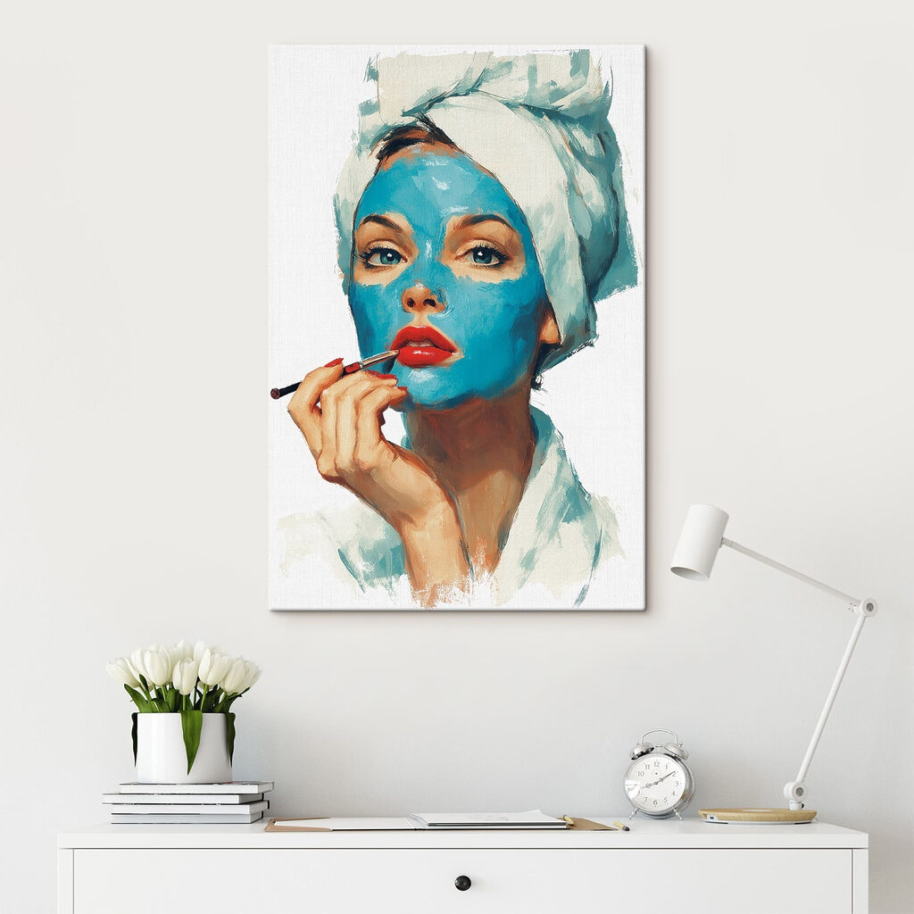 Lèvres rouges et turquoise dans un intérieur