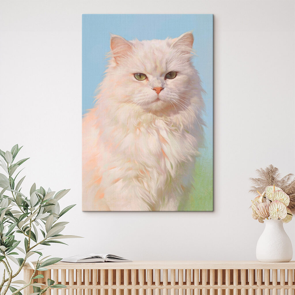 Chat blanc sur bleu dans un intérieur