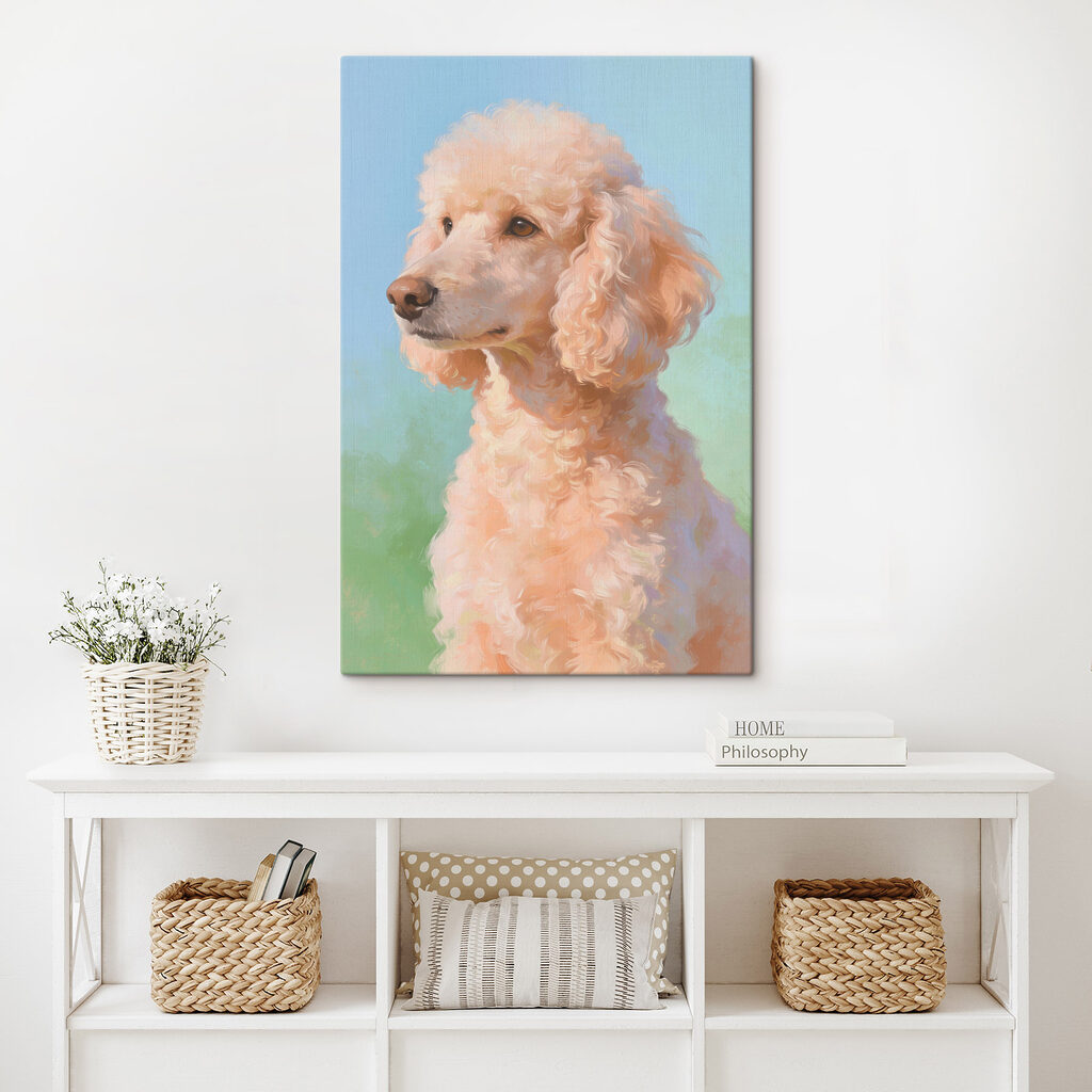 Caniche abricot sur pastel dans un intérieur
