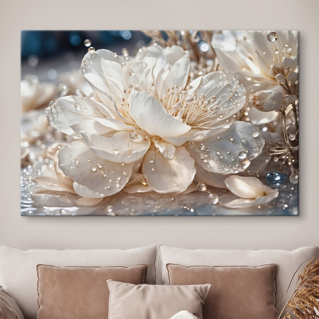 Gouttes brillantes sur pétales dans un intérieur