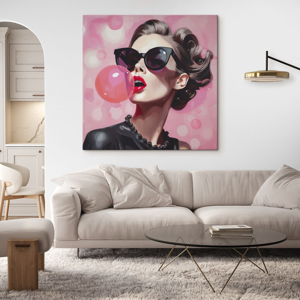 Bulle de chewing-gum rose dans un intérieur