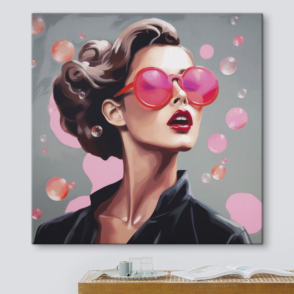 Lunettes roses et bulles dans un intérieur