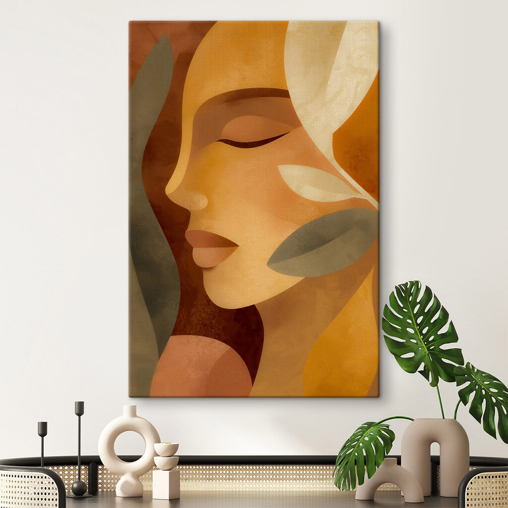 Yeux clos, tons ocre dans un intérieur