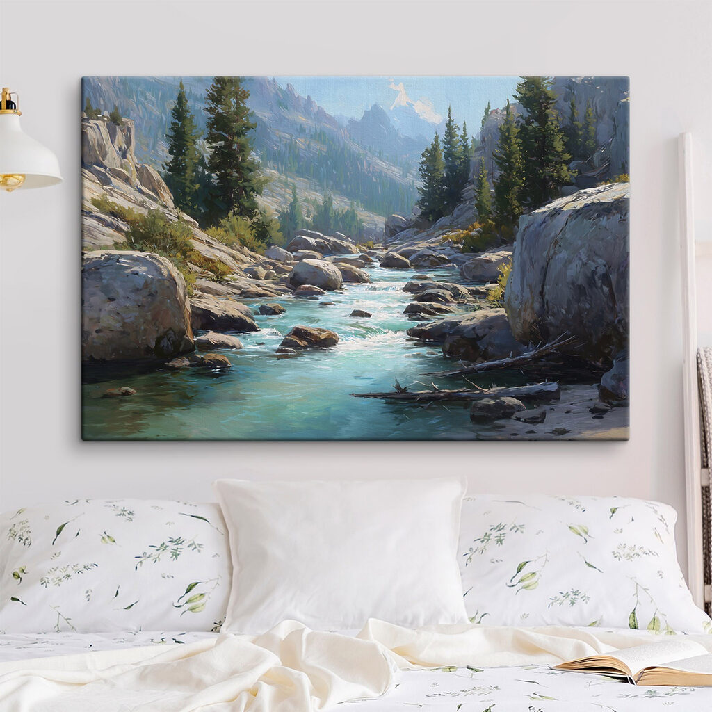 Torrent turquoise entre rochers dans un intérieur