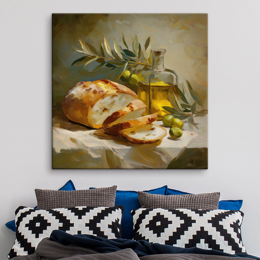 Pain, huile et olives dans un intérieur