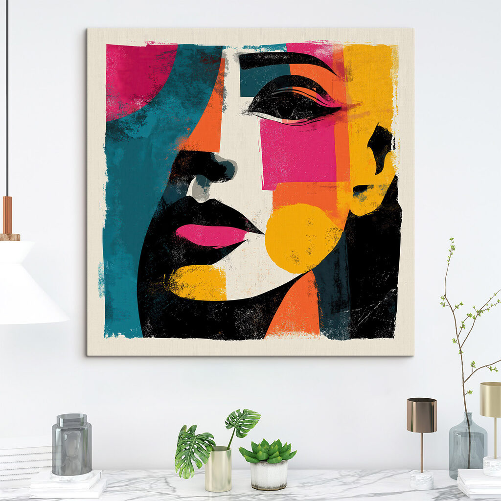 Lèvres entre blocs colorés dans un intérieur