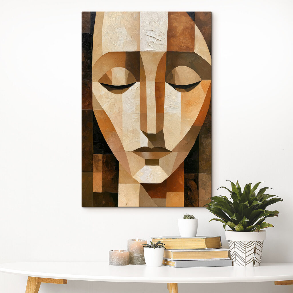 Visage en rectangles bruns dans un intérieur