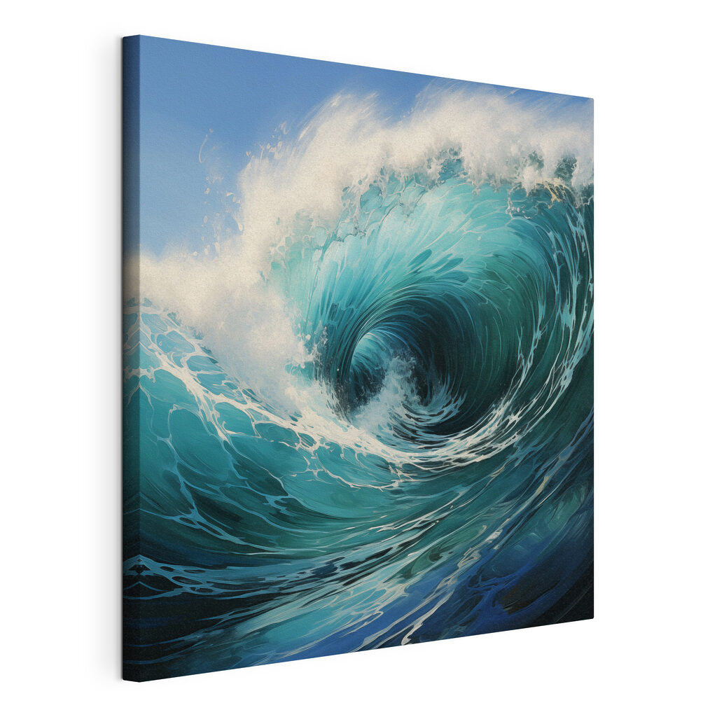 Vague écumante bleu profond, toile tendue et bord enveloppé