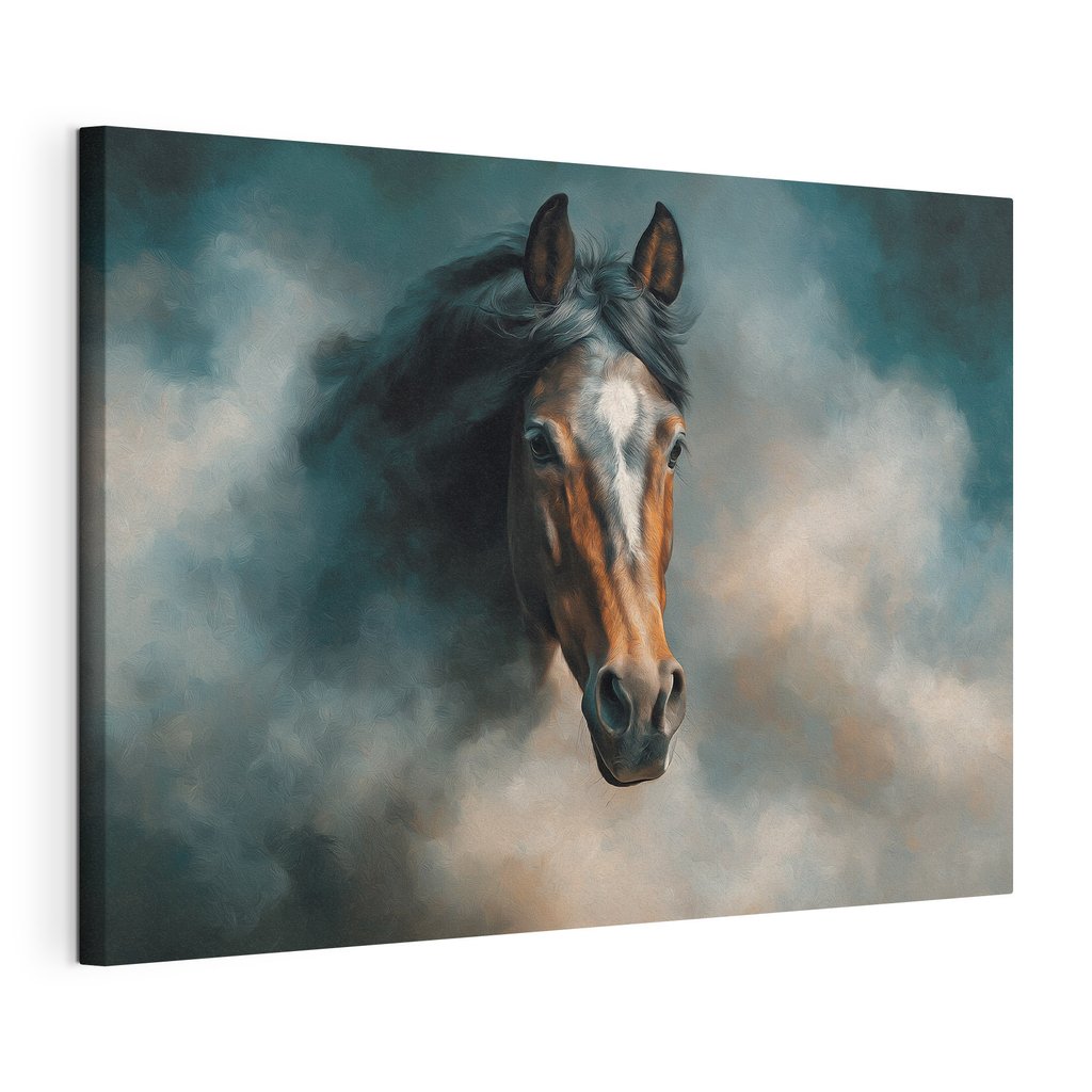 Tête de cheval embrumée, toile tendue et bord enveloppé