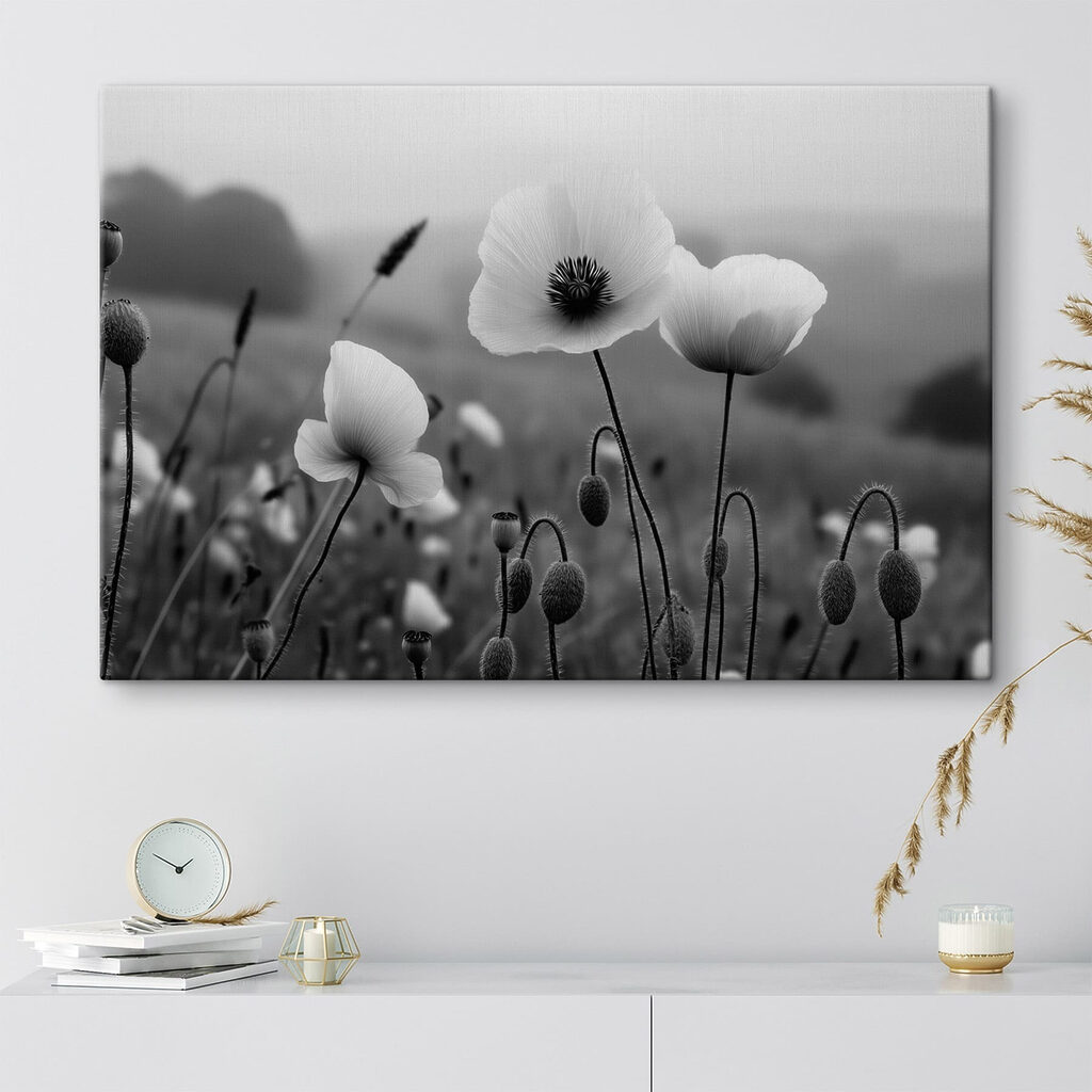 Coquelicots et capsules sombres dans un intérieur