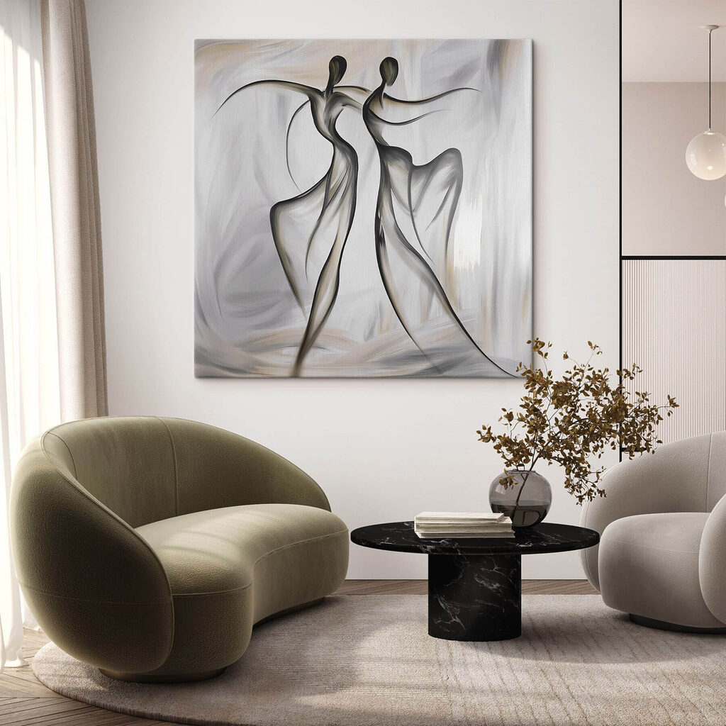 Deux danseurs en volutes dans un intérieur