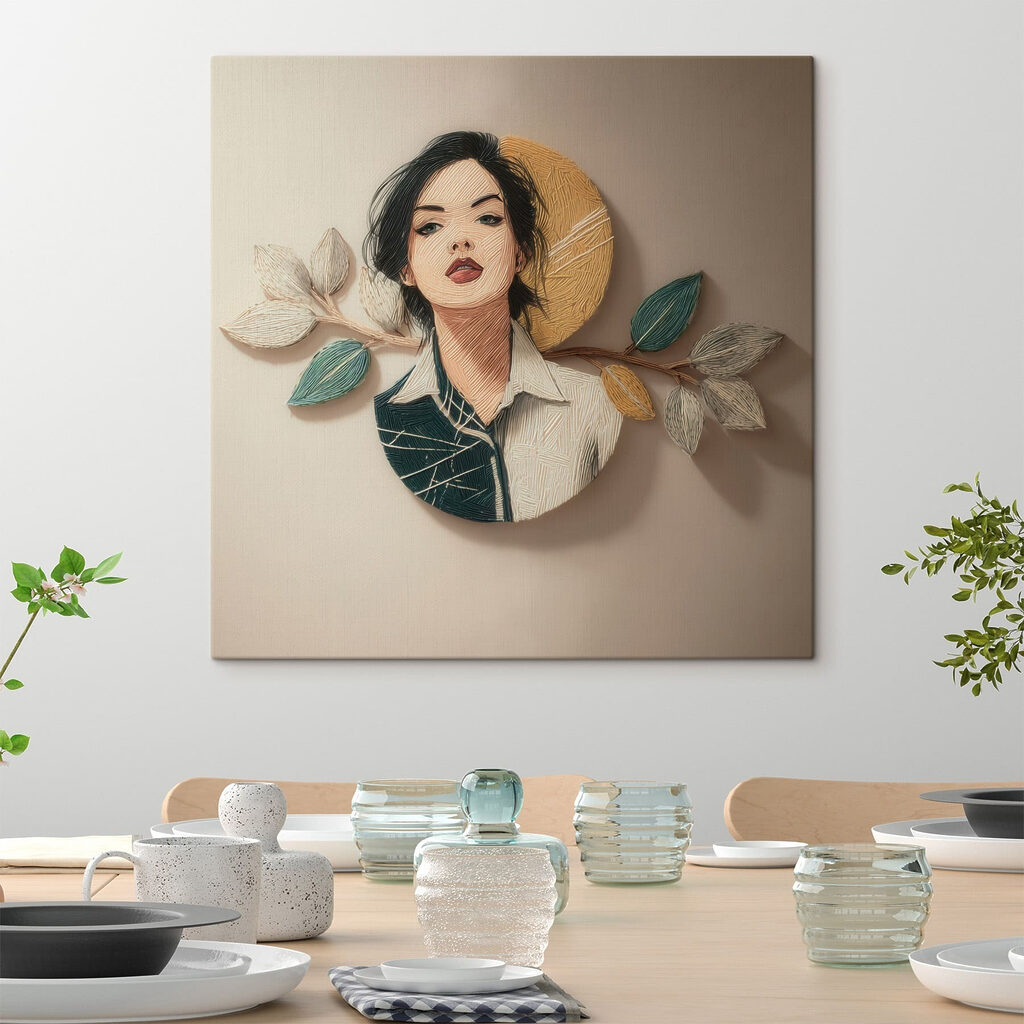 Portrait parmi les feuilles dans un intérieur