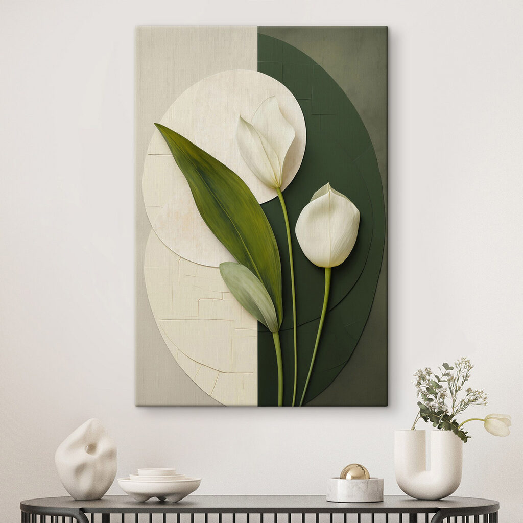 Deux tulipes, aplats colorés dans un intérieur