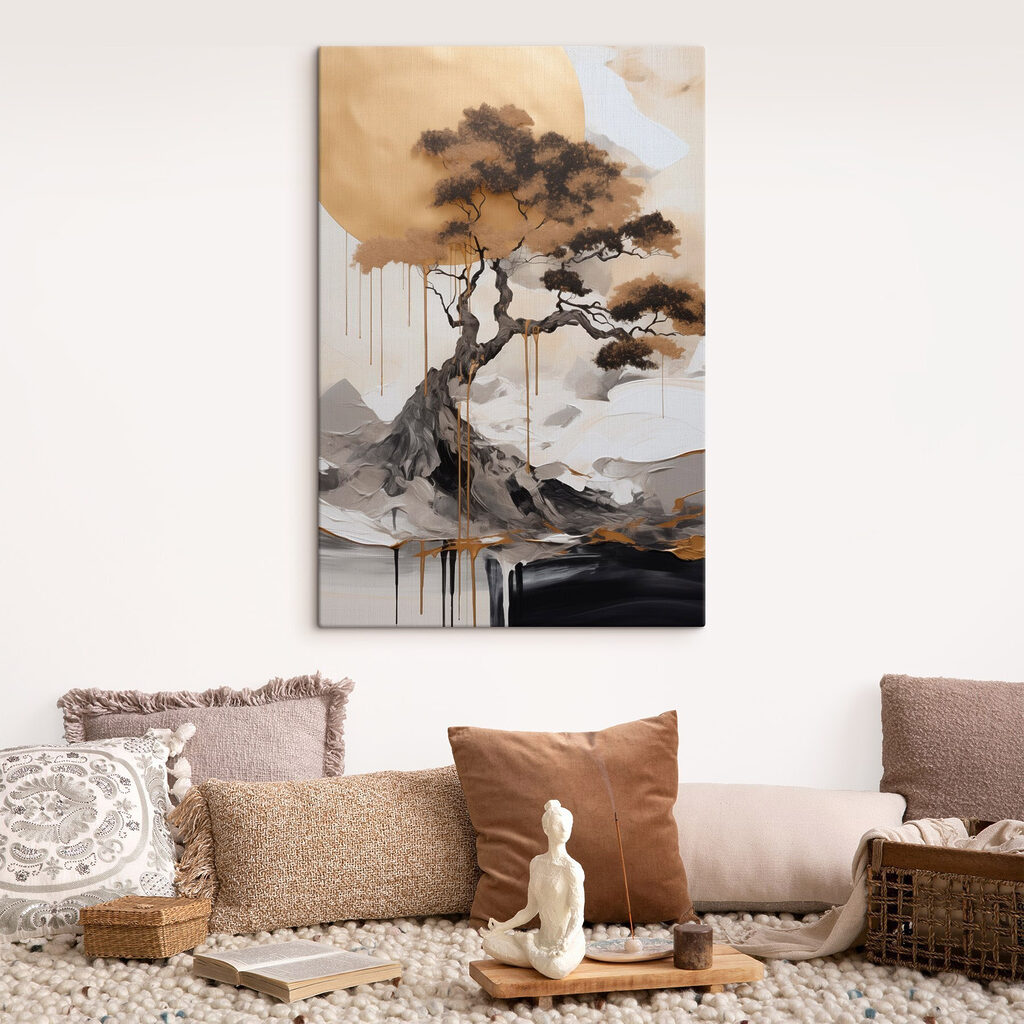 Arbre tortueux, halo doré dans un intérieur